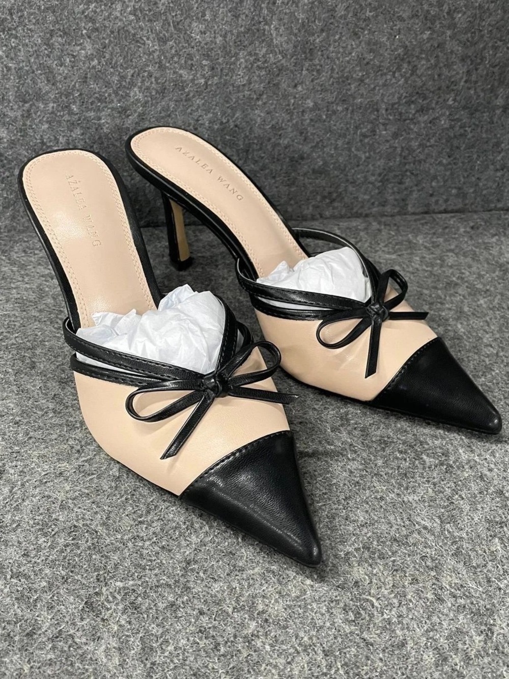 Alexis Two-Tone Pointed Toe Bow Mules in Beige and Black